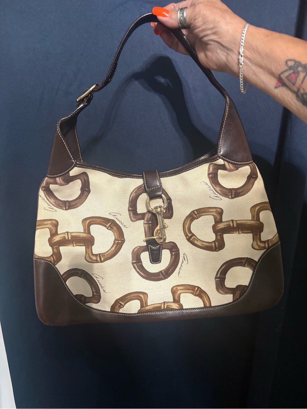 Authentic Gucci Brown and Cream Canvas Shoulder Bag with Horsebit Motif